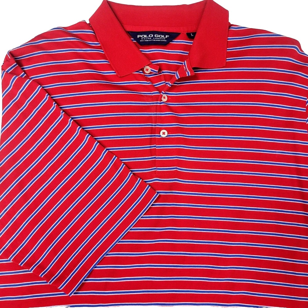 Polo Golf Ralph Lauren Size L Red Blue Striped 100% Pima Cotton Stretch Knit